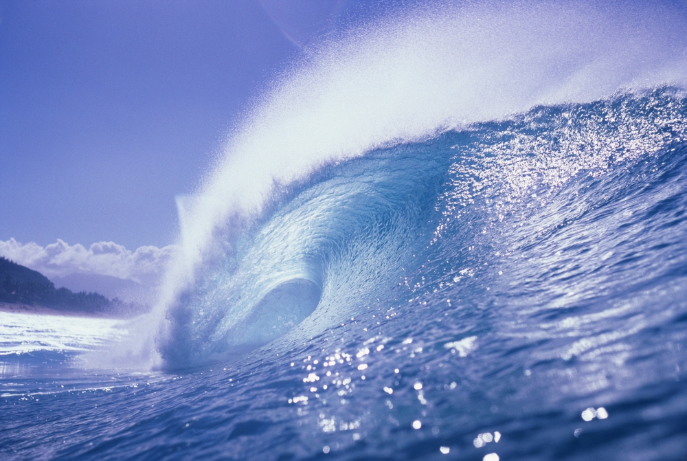 Large Curling Glassy Wave Slight Glimpse Of Land Canvas Art - Vince Cavataio Design Pics (19 x 12)