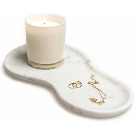 Large Curved Edge Marble Tray 14" x 7.8"  Natural Stone Vanity Tray for Perfume & Jewelry, Elegant White Marble Decor for Bathroom Countertop & Kitchen Counter, Modern Catchall for Keys & Candles