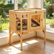 Large Curved Wooden Elevated Turtle Cage with Removable Legs & Waste Tray, Escape-Proof Ventilated Mesh