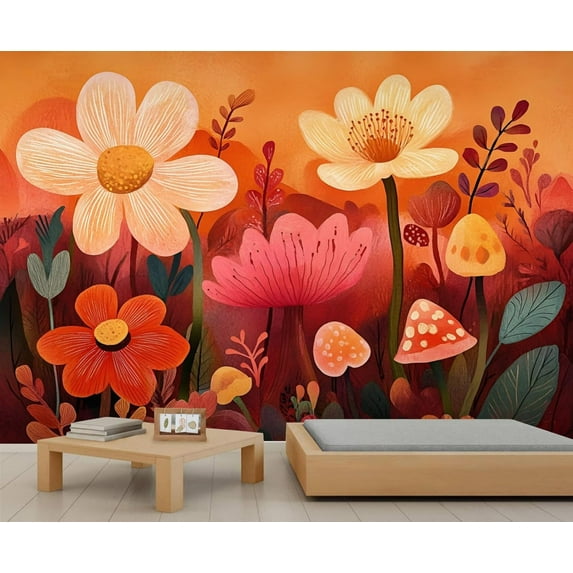 Large Custom Boho Floral Mural - Mushrooms Flower Wall Paintings, Cartoon Kids 3D Wall Mural For Living Room Bedroom, Floral Botanical Murals 79"W x 55"H (Not Peel and Stick)