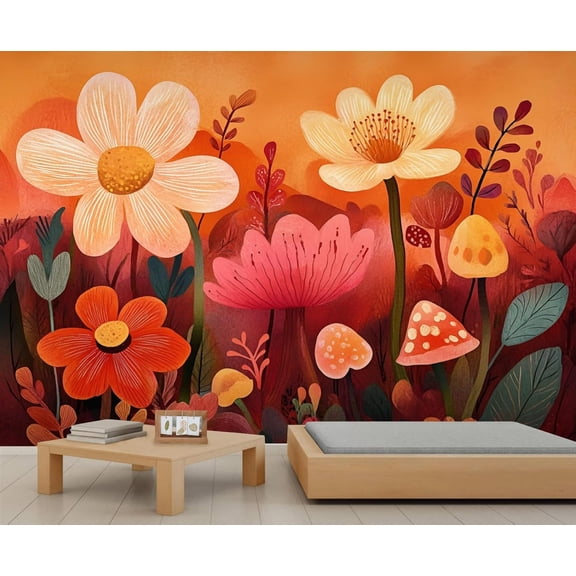 Large Custom Boho Floral Mural - Mushrooms Flower Wall Paintings, Cartoon Kids 3D Wall Mural For Living Room Bedroom, Floral Botanical Murals 98.4"W x 68.9"H (Not Peel and Stick)