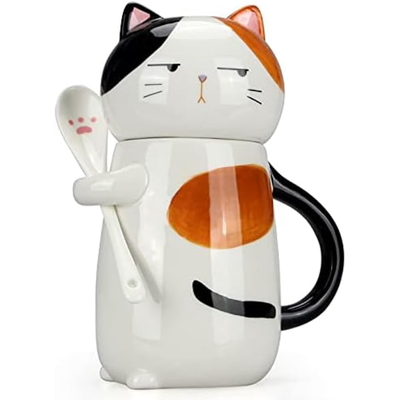 Large Cute Ceramic Coffee Mug with Lid and Spoon Fun Cat Cup for Women Ladies Unique 3D Kawaii Cat Coffee Mugs Lover Mom Gift Animal Funny Christmas Cups Adorable Porcelain Girls Novelty Mug