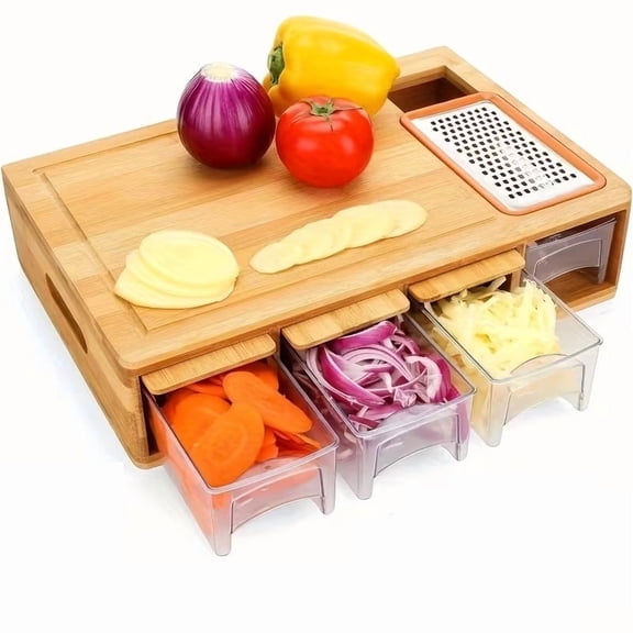 Large Cutting Board with 4 Drawers and Stainless Steel Trays Durable Prep Surface with Juice Slot, Slide-Out Storage, and Easy-Grip Handles for Kitchen Organization