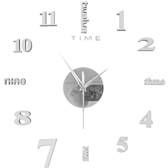 Large DIY Wall Clock, Frameless Silent Mirror Sticker Clock with Acrylic Numbers for Living Room Office Decor, Silver