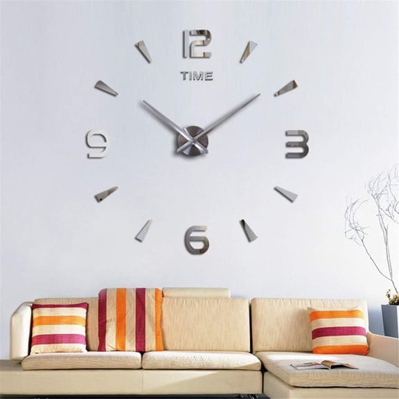 Large DIY Wall Clock Kit, 3D Modern Frameless Wall Clock with Mirror Number Stickers for Home Living Room Bedroom Office Decoration-Silver 022