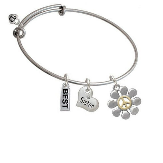 Large Daisy with Gold Tone Peace Sign Sister Heart Expandable Bangle Bracelet