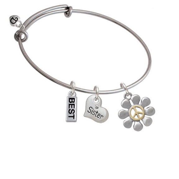 Large Daisy with Gold Tone Peace Sign Sister Heart Expandable Bangle Bracelet