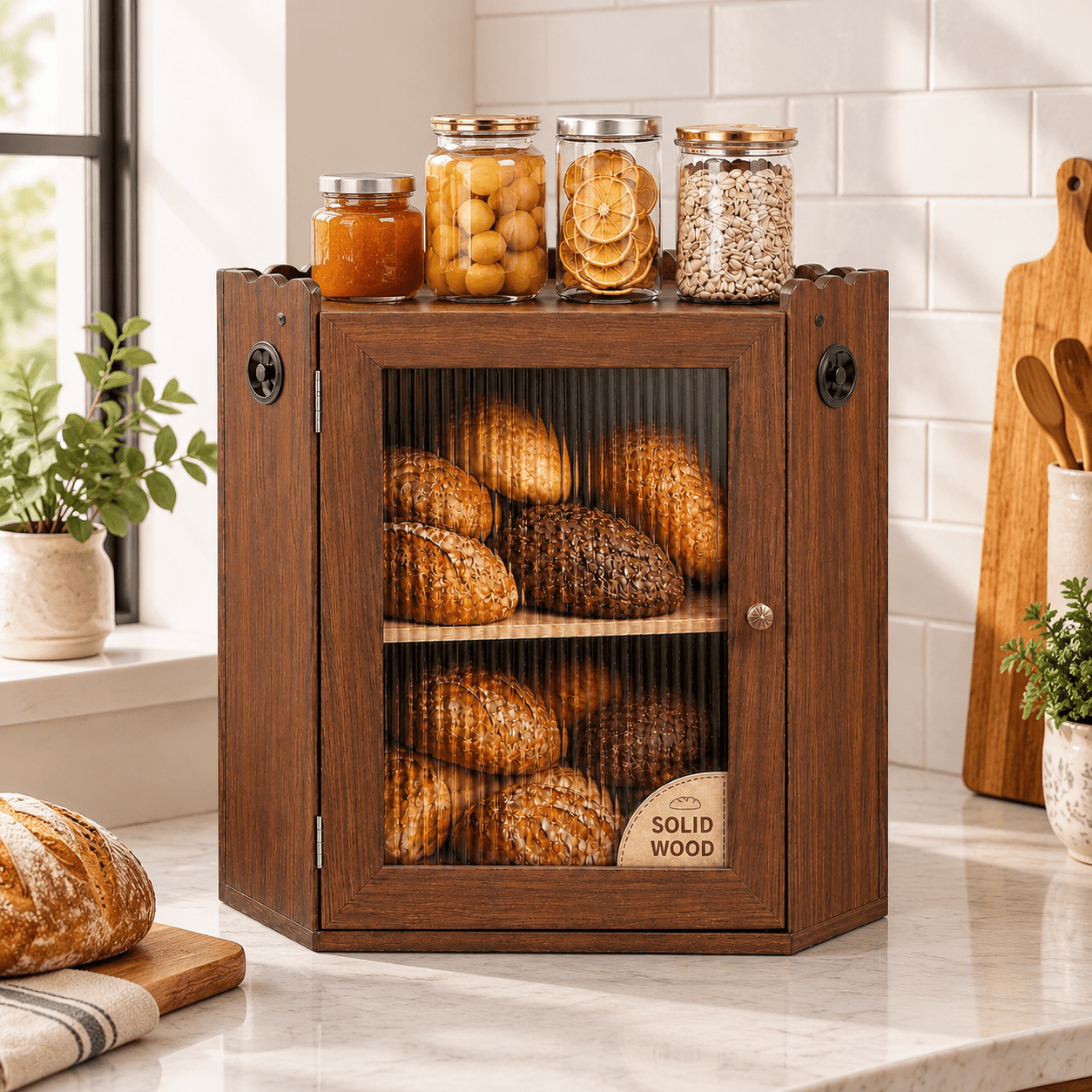 Large Dark Brown Corner Bread Box for Kitchen Countertop Double Layer ...