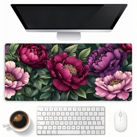 Large Dark Green Peony Gaming Mouse Pad, Purple Pink Floral Design, Non ...