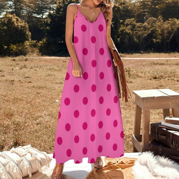 Large Dark Hot Pink Polka Dots on Light Hot Pink Sleeveless Dress dresses for womens dresses ladies summer