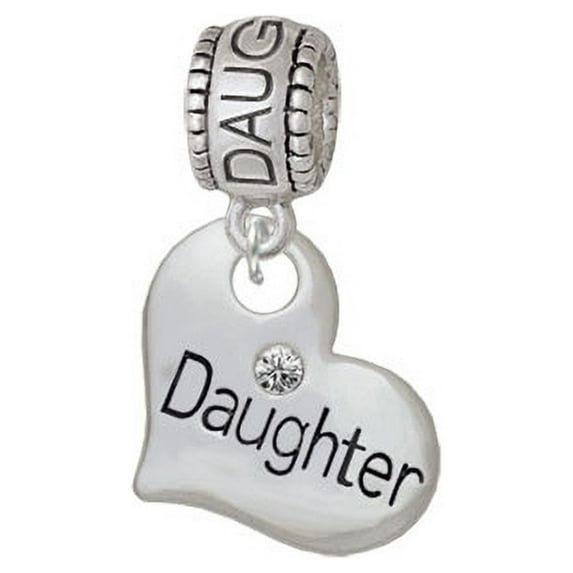 Large ''Daughter'' Heart with Clear Crystal - Daughter Charm Bead
