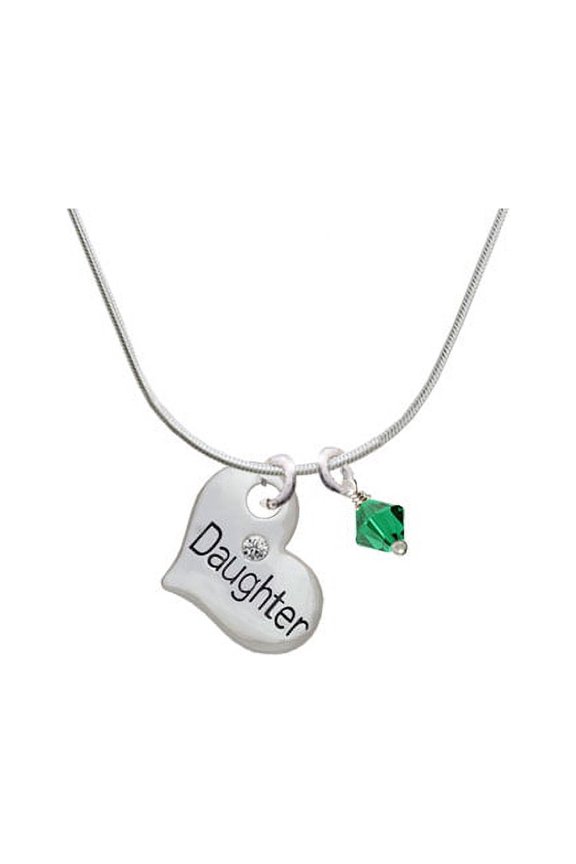 Large ''Daughter'' Heart with Clear Crystal - Green Bicone Crystal Necklace