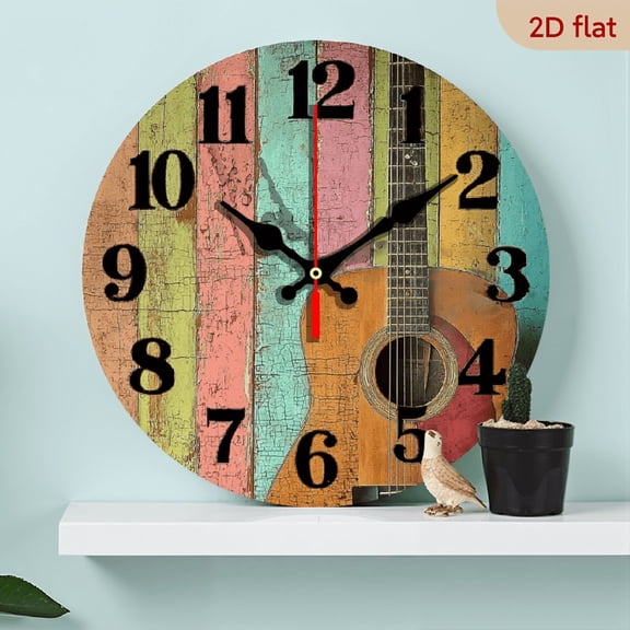 Large Decor Round Wall Clock, Guitar on Colorful Aged Wooden Board 10 Inch Battery Operated Analog Quiet Non Ticking Desk Clock for HomeKitchenLiving RoomBedroomBathroomOffice