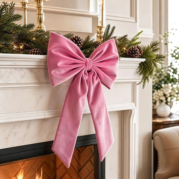 Large Decorative Bow, Velvet Fabric Bow, Long Tail Holiday Accent for Christmas Trees Doors and Mantels, Pink, 25.60 x 14.96 in