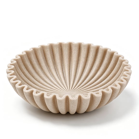 Large Decorative Bowl, Artificial Stone Fruit Bowl for Kitchen Counter, Ruffle Bowl for Coffee Table Decor, Key Bowl for Entryway Table, Beige Home Decor Accent