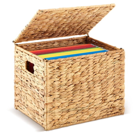 Large Decorative Hanging File Box Water Hyacinth Wicker Basket File Organizer with Lid Collapsible Woven Filing Cabinet for Office/home Decor(16.54'' X 14.57'' X 11.4'',Light Color,1 Pack)