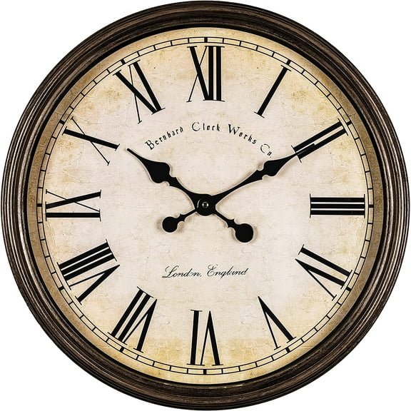 Large Decorative Wall Clock 20 Inch Silent Non Ticking Battery Operated Quartz Vintage Stylish with Rustic Dark Brown Rim for Home Living/Dining Room Kitchen & Over Fireplace