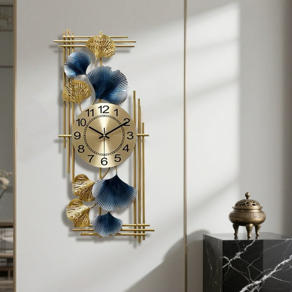Large Decorative Wall Clock, 28.3 Inch x 12.2 Inch Oversized Metal Wall Clock with Ginkgo Leaf Design, Modern Silent Wall Clock for Living Room Bedroom Office Home Decor