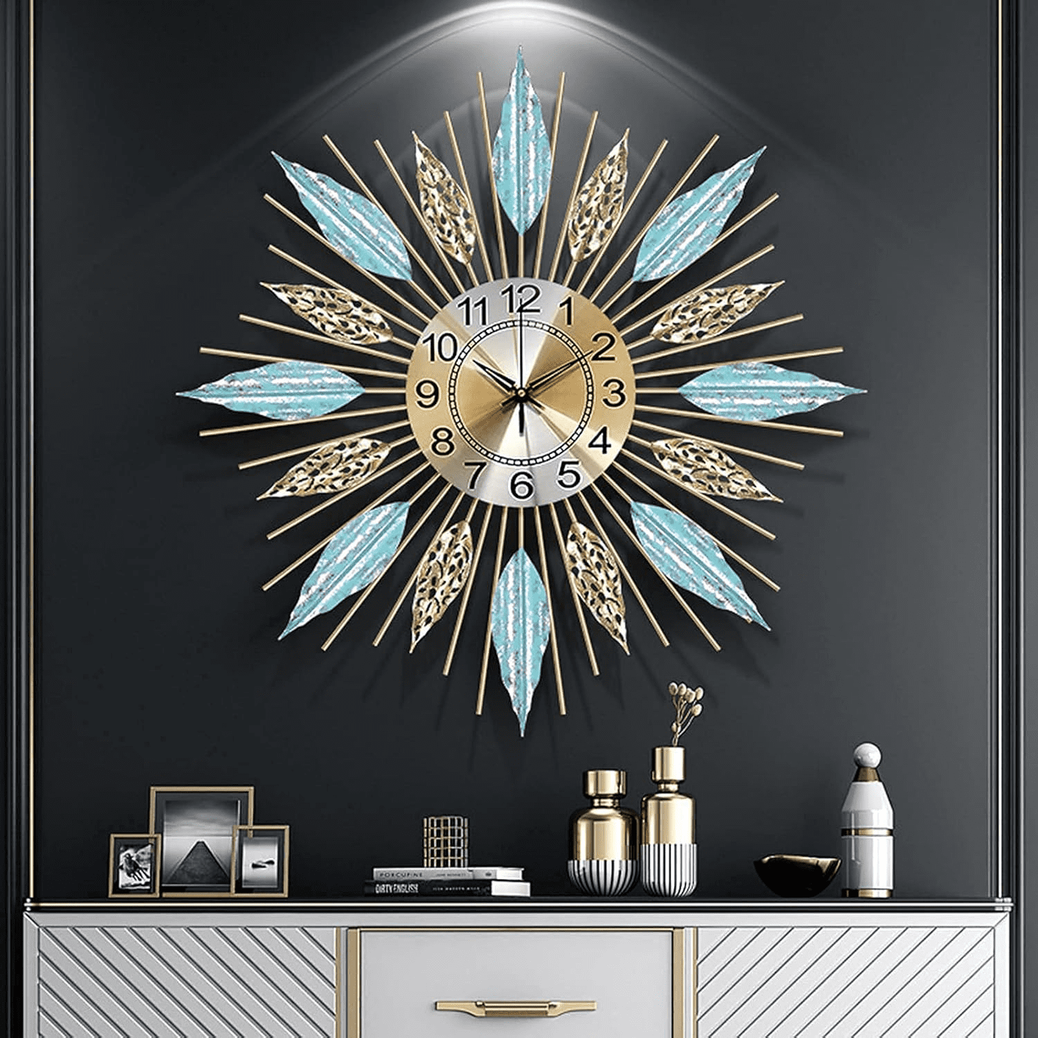 Large Decorative Wall Clock for Home Office, Silent Non-Ticking Metal Analog Clock, Easy to Read Battery Operated School Clock for Living Room Bedroom Kitchen Decor