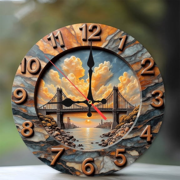 Large Decorative Wall Clock with Landscape Design 10-Inch Silent Wooden Wall Clock, Battery Operated (AA Batteries Not Included), Artistic Home Decor