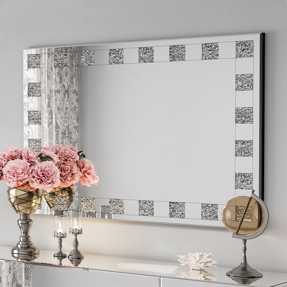 Large Decorative Wall Mirror, 35" x 27" Silver Crushed Diamond Mirror for Wall Decor with Checkered Pattern, Rectangle Wall Mirror for Living Room, Bathroom, Entryway and Bedroom