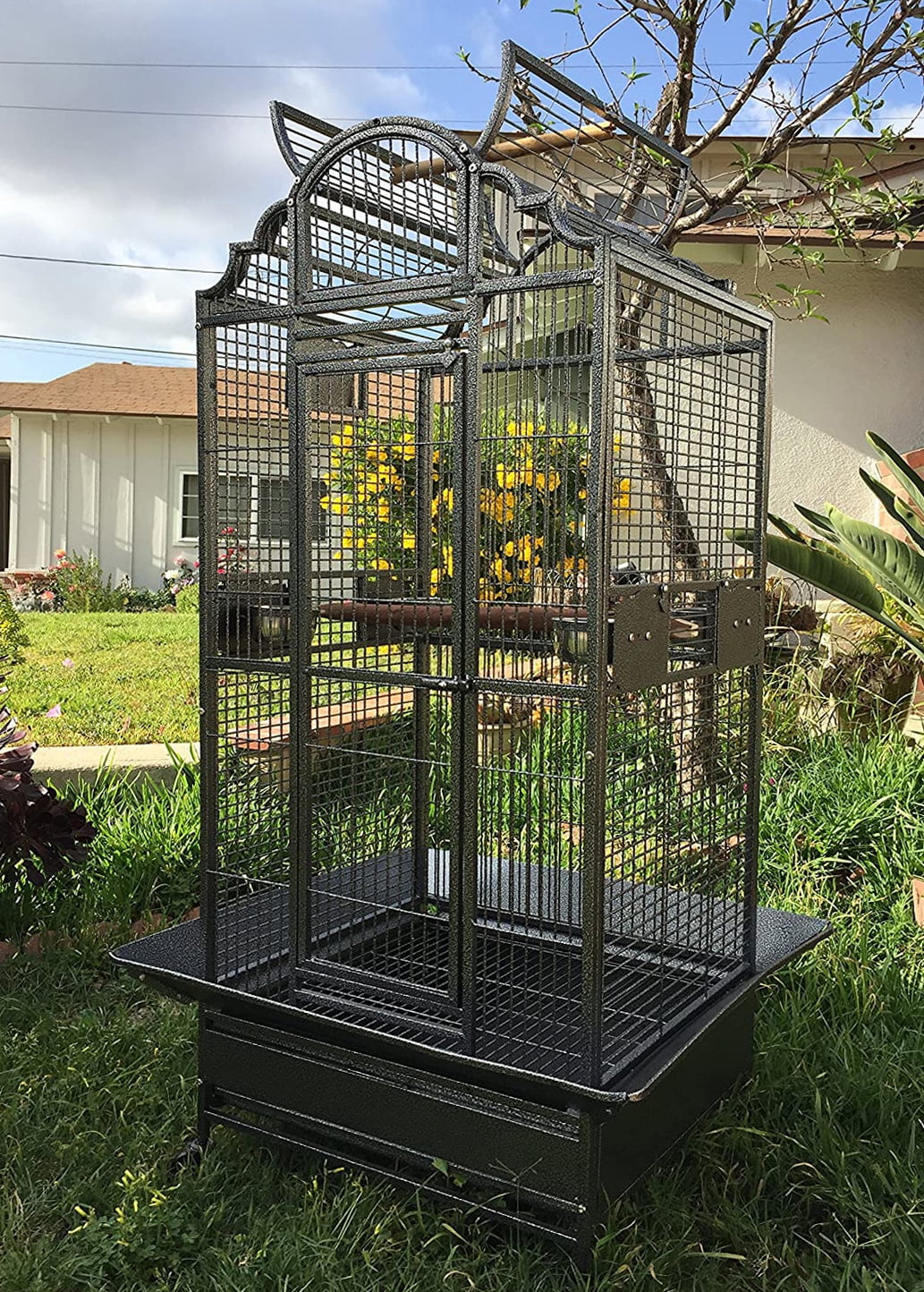 Large Deluxe and Durable Wrought Iron Open Play Top Perch Stand Bird Parrot Rolling Cage, Include Metal Seed Guard Solid Metal Feeder Breeding Nest Doors