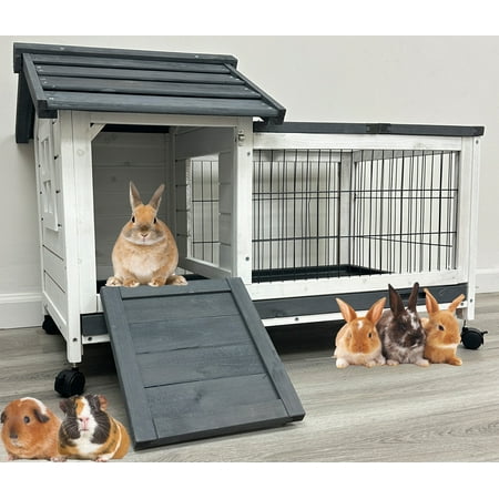 Large Deluxe In/Outdoor Guinea Pig Cage Rabbit Wooden Hutch on Rolling Wheels, House with Ramp and Hideout Room, Small Animals Home with NO Leak and Washable Pull Out Tray