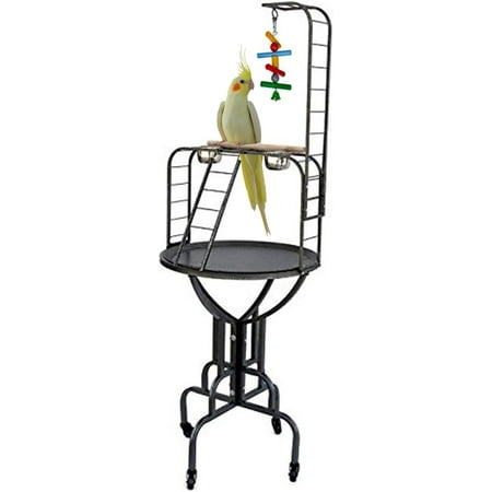 Large Deluxe and Durable Wrought Iron Parrot Bird Play Rolling Stand Perch Gym Ground Metal Ladder Toy Hook With Strong 4 Leg Support Base