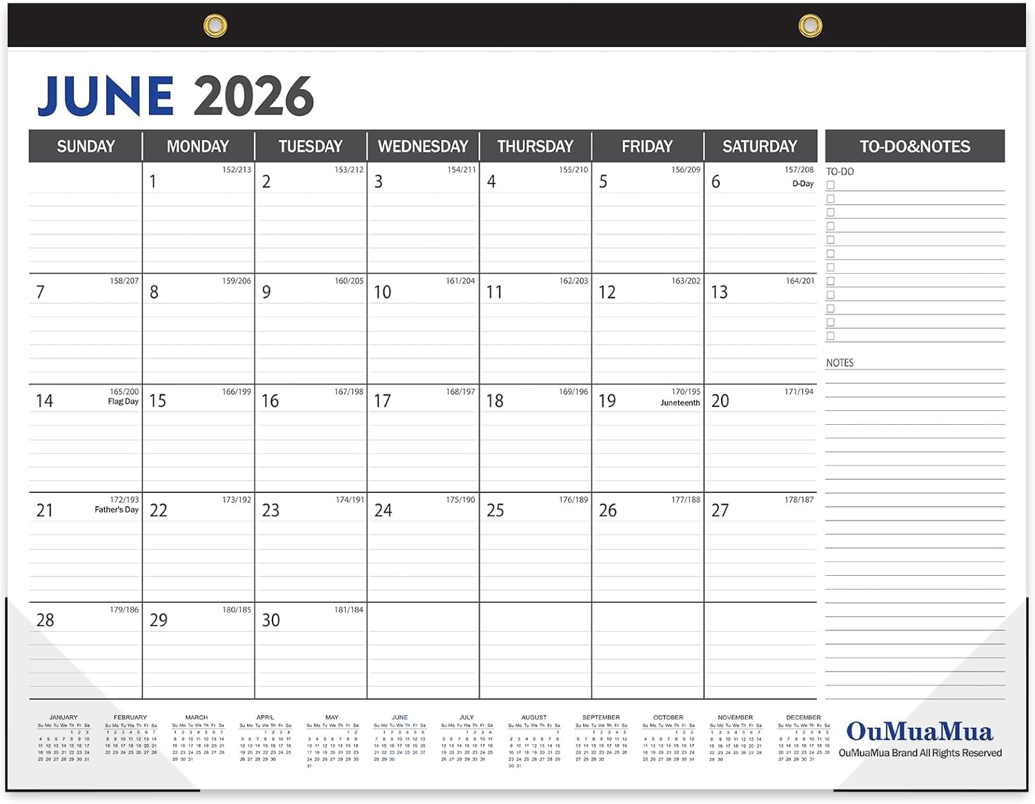 Large Desk Calendar 2026-2027 - 19 Months from Jun. 2026 through Dec. 2027, 22 x 17 Inches Desktop Wall with Julian Date To-do & Notes, Corner Protectors for School Home Office