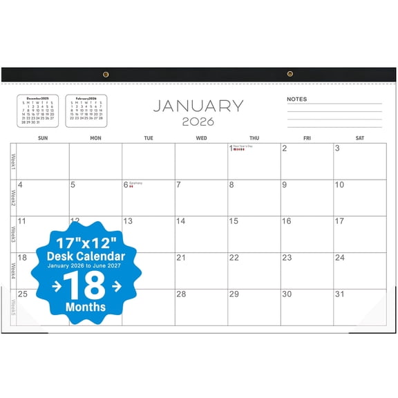 Large Desk Calendar 2026-2027, January 2026 - June 2027, 12" x 17" Desktop Pad,black,Large wall calendar