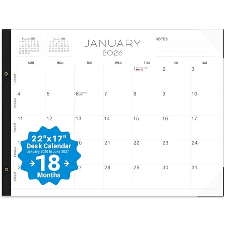 Large Desk Calendar 2026-2027, January 2026 - June 2027, 22" x 17" Desktop Pad,black,Large