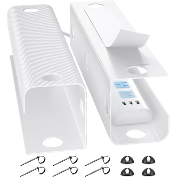 Large Under Desk Management,Easy Install Management Under Desk with 4 Cord Holders & 6 Ties, & -Safe Cord Hider,Wire Organizer,Wire Cover Tray,White
