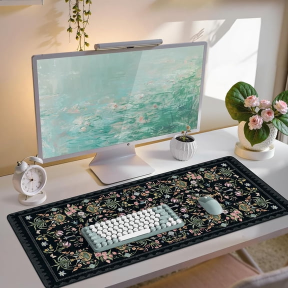 Large Desk Mat Black,Big Mouse Pad with Stitched Edges,Aesthetic Computer Pad for Desktop,Anti-Slip Keyboard Mat for Women,Floral Desk Cover Protector Work from Office Home Dorm