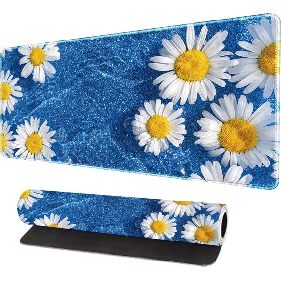 Large Desk Mat, Desk Matt for Desktop, Computer Gaming Mouse Pads, Anti-Slip Rubber Base, Stitched Edges Soft Mat for Desktop Office Home 31.5 x 11.8 Inches (Blue Wave Daisy)