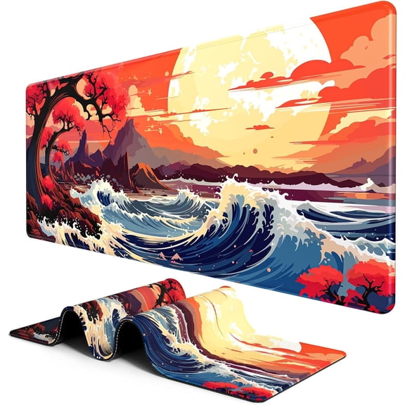 Large Desk Mat, Extended Gaming & Office Home Mat, Long Keyboard Mat, Desktop Full Cover 31.5 x 11.8 Inches, Anime Japan Kanagawa Wave