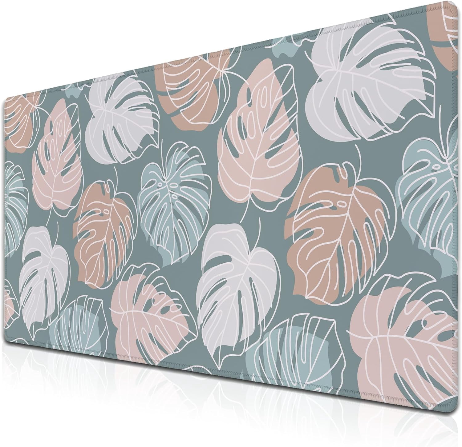 Large Desk Mat Green, Gaming Mouse Pads Office Desk Pad, Keyboard Desk Mat Non-Slip Rubber Base Waterproof with Stitched Edges, 35.4 X 15.7 inch for Work/Game/Office/Home Tropical Monstera