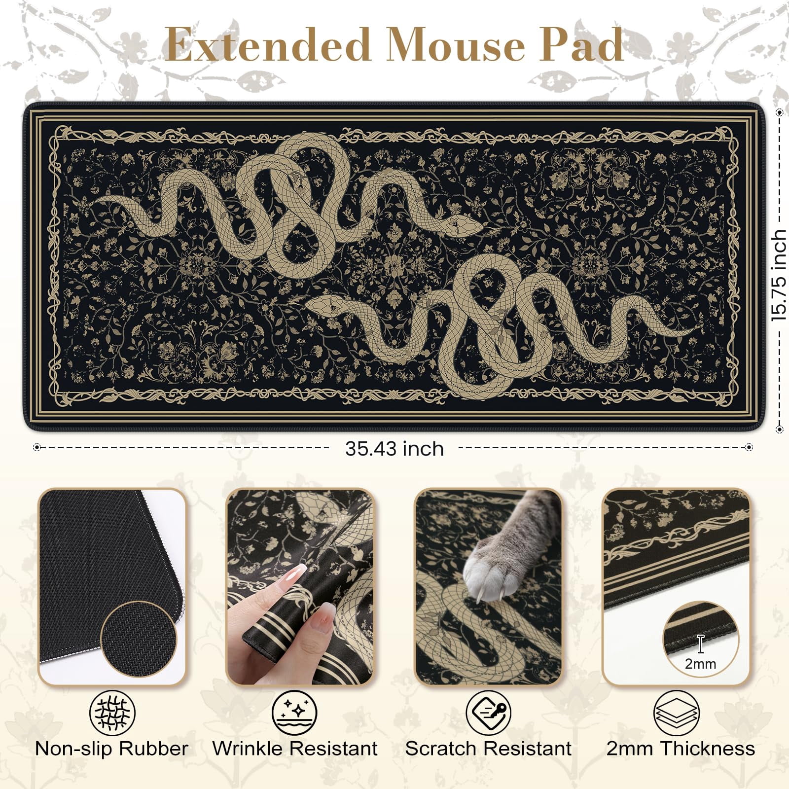 Large Desk Mat  Matt For Desktop Computer Gaming Mouse Pads Stitched Edges Soft Office Home 35.4 X 15.7 Inches (black Snake)