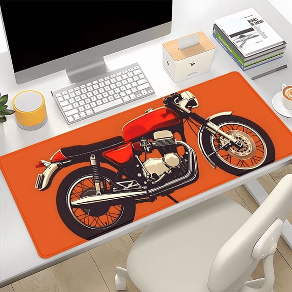 Large Desk Mouse Pad 2.95x1.31ft (90x40cm) - Retro Red Motorcycle Orange Non-Slip Mat, Smooth Surface for Gaming, Office, Home Workspaces