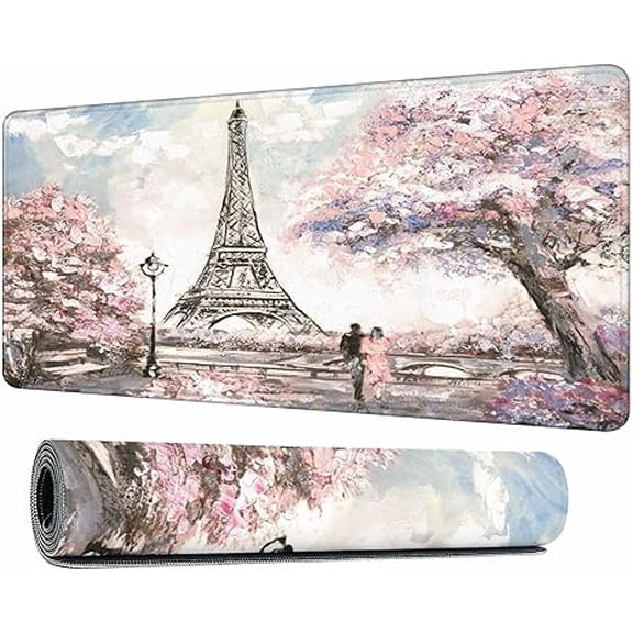 Large Desk Mouse Pad 2.95x1.31ft (90x40cm) - Watercolor Paris Eiffel Tower Cherry Blossom Non-Slip Mat, Smooth Surface for Office, Home, Romantic Workspaces