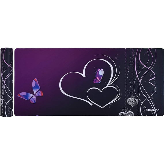 Large Desk Pad Extended Gaming Mouse Pad Big Cute Purple Butterfly Mouse Pad for Girls Women-Non-Slip Rubber Base Sticthed Edge Mousepad (35"x15.55"x0.08")-Purple Butterfly