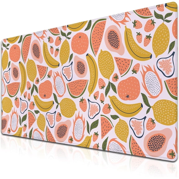 Large Desk Pad, Keyboard Mouse Pad Gaming Desk Mats, Mouse Pad Mat Non-Slip Rubber Base Waterproof with Stitched Edges, 35.4 X 15.7 inch for Work/Game/Office/Home Bright Summer Cartoon Fruits
