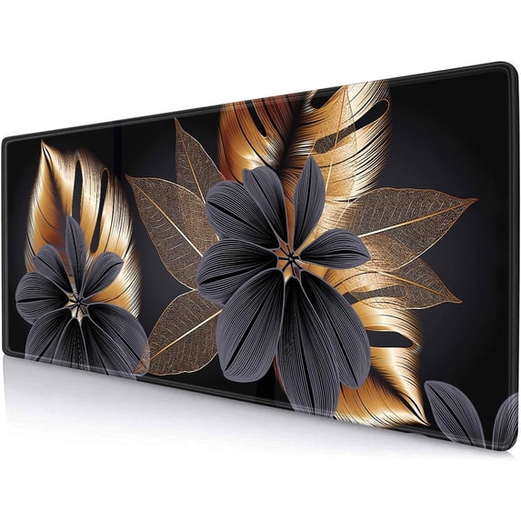 Large Desk Pad, Vintage Luxury Floral Mouse Pad, Golden Monstera Leaves Mouse Mat Anti Slip Rubber Mousepad for Desktops, Computer, Keyboard Mouse Mat for Work, Laptop, 31.5 X 11.8 Inch