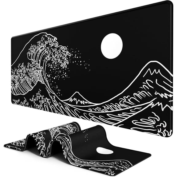 Large Desk Pad, XXL Extended Gaming Mouse Pad & Keyboard Mat, Desktop Full Cover 31.5 x 11.8 Inches, Art Japan Kanagawa Wave Black