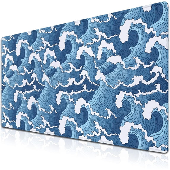 Large Desk Pads Blue and White Desktop Pad, Pc Mouse Pad Keyboard Mat, Desk Pad Gaming Waterproof Non-Slip Rubber Base, 35.4 X 15.7 inch for Work/Game/Office/Home Japanese Abstract Waves