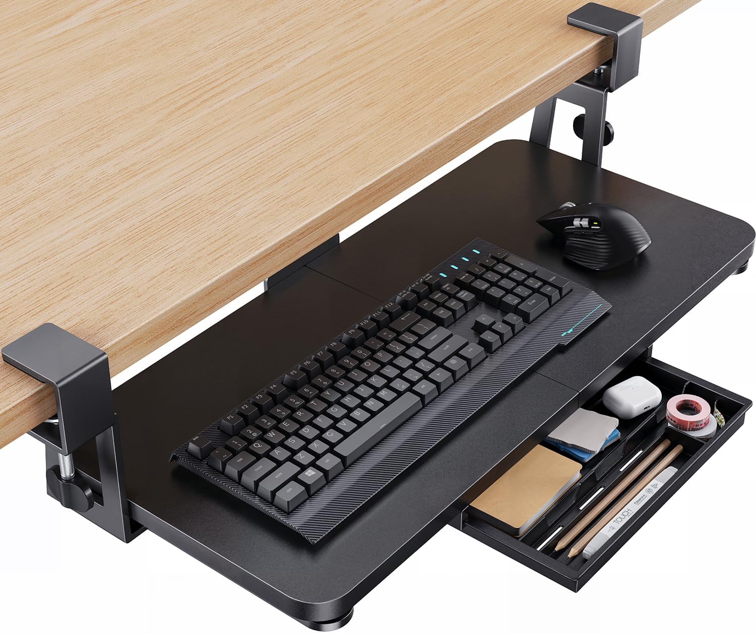 Large Under Desk Tray With Sturdy C-clamp Mount  26 (30.16" Including Clamps) X 12 Inch Slide-out Platform Computer Heavy Duty Storage Drawer For Typing Black