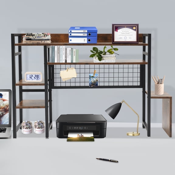 Large Desktop Bookshelf 37.8 Inch Wide 5-Tier Multi-Layer Bookcase with Side Table and Back Grid