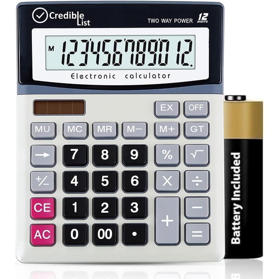 Large Desktop Calculator with 12 Digit Display, Eye-Angled Screen, Large Buttons and Dual Power Source for Home and Office Use