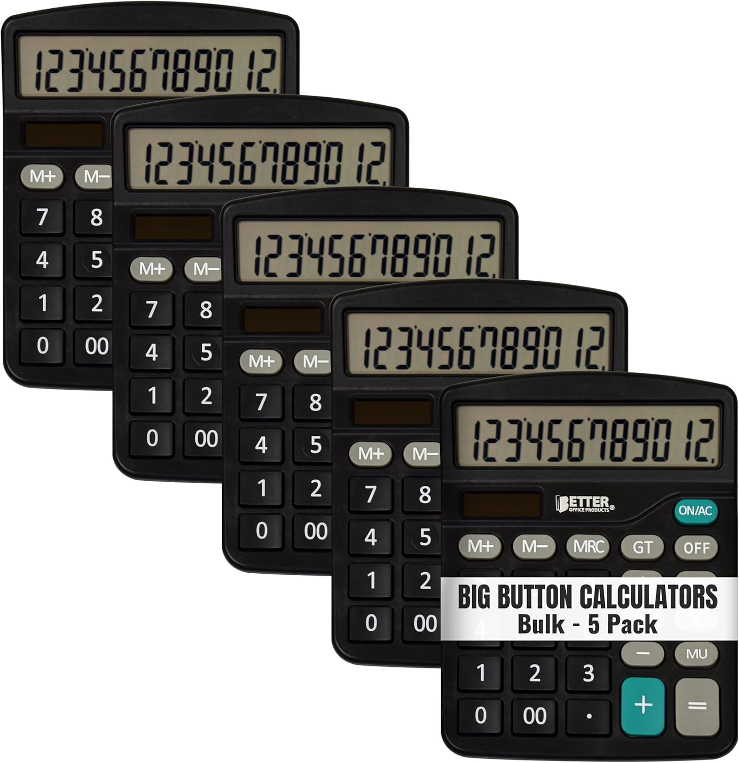 Large Desktop Calculators, 5 Pack, 12-Digit LCD Display, Angled Display Panel, Standard Function, Black, Dual Power with Included AA Battery Power, Pack