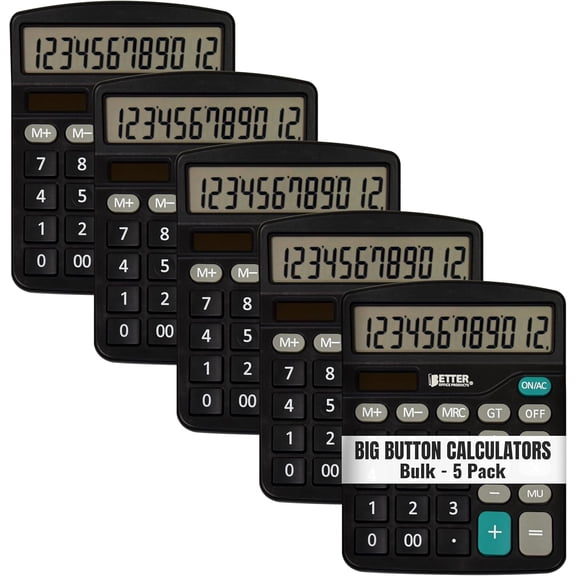 Large Desktop Calculators, 5 Pack, 12-Digit LCD Display, Angled Display Panel, Standard Function, Black, Dual Power with Included AA Battery Power, Pack