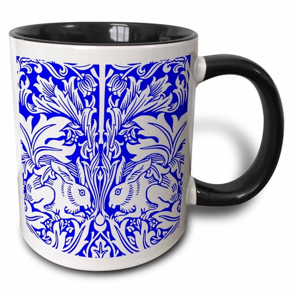 3drose, Large Detail White Rabbit Chintz Over Royal Blue Background, 15oz Two-tone Black Mug